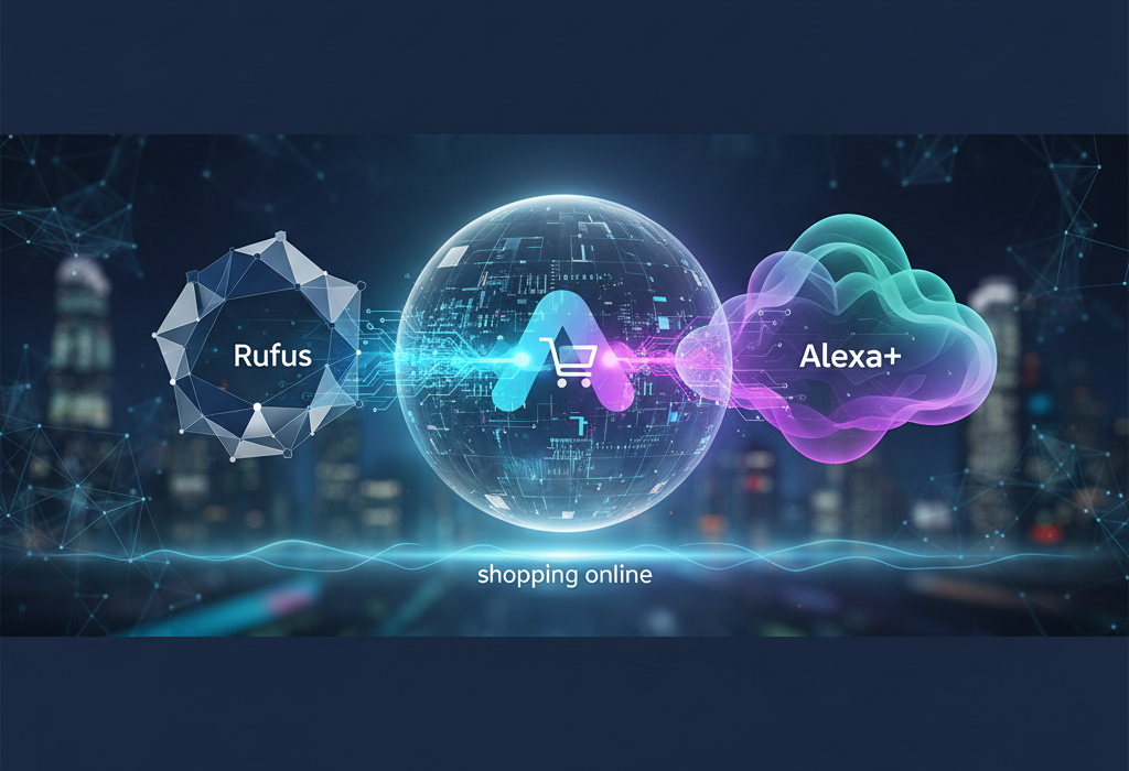 Crie uma imagem de capa editorial horizontal, moderna e sofisticada para um artigo sobre: Amazon lança Alexa for Shopping: como a fusão de Rufus e Alexa+ transforma as compras online. Categoria: Mercado e Negócios. Contexto: A Amazon lançou o Alexa for Shopping, unificando Rufus e Alexa+ para criar um assistente de compras mais autônomo e inte. Termos-chave: Amazon, agentic AI, AI, Alexa, Alexa for Shopping, Alexa+. Tom: inteligente e acessível. Portal de notícias sobre inteligência artificial e tecnologia. Estilo jornalístico, limpo, tecnológico e profissional. Sem texto embutido na imagem. Sem logos de marcas, sem rostos famosos identificáveis, sem elementos aleatórios fora do contexto. Interprete metaforas pelo contexto do artigo; nao represente termos figurados de forma literal. Aspecto 16:9. Alta qualidade editorial.