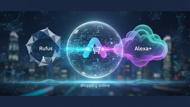 Crie uma imagem de capa editorial horizontal, moderna e sofisticada para um artigo sobre: Amazon lança Alexa for Shopping: como a fusão de Rufus e Alexa+ transforma as compras online. Categoria: Mercado e Negócios. Contexto: A Amazon lançou o Alexa for Shopping, unificando Rufus e Alexa+ para criar um assistente de compras mais autônomo e inte. Termos-chave: Amazon, agentic AI, AI, Alexa, Alexa for Shopping, Alexa+. Tom: inteligente e acessível. Portal de notícias sobre inteligência artificial e tecnologia. Estilo jornalístico, limpo, tecnológico e profissional. Sem texto embutido na imagem. Sem logos de marcas, sem rostos famosos identificáveis, sem elementos aleatórios fora do contexto. Interprete metaforas pelo contexto do artigo; nao represente termos figurados de forma literal. Aspecto 16:9. Alta qualidade editorial.