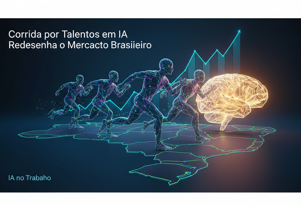 Crie uma imagem de capa editorial horizontal, moderna e sofisticada para um artigo sobre: Corrida por Talentos em IA Redesenha o Mercado Brasileiro. Categoria: IA no Trabalho. Contexto: A demanda por profissionais de inteligência artificial cresceu mais de 300% no Brasil, criando um apagão de talentos que. Termos-chave: corrida, talentos, alta, demanda, redesenha, mercado. Tom: inteligente e acessível. Portal de notícias sobre inteligência artificial e tecnologia. Estilo jornalístico, limpo, tecnológico e profissional. Sem texto embutido na imagem. Sem logos de marcas, sem rostos famosos identificáveis, sem elementos aleatórios fora do contexto. Aspecto 16:9. Alta qualidade editorial.