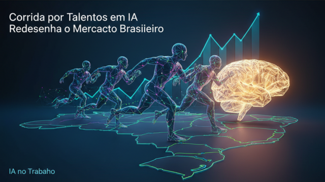 Crie uma imagem de capa editorial horizontal, moderna e sofisticada para um artigo sobre: Corrida por Talentos em IA Redesenha o Mercado Brasileiro. Categoria: IA no Trabalho. Contexto: A demanda por profissionais de inteligência artificial cresceu mais de 300% no Brasil, criando um apagão de talentos que. Termos-chave: corrida, talentos, alta, demanda, redesenha, mercado. Tom: inteligente e acessível. Portal de notícias sobre inteligência artificial e tecnologia. Estilo jornalístico, limpo, tecnológico e profissional. Sem texto embutido na imagem. Sem logos de marcas, sem rostos famosos identificáveis, sem elementos aleatórios fora do contexto. Aspecto 16:9. Alta qualidade editorial.