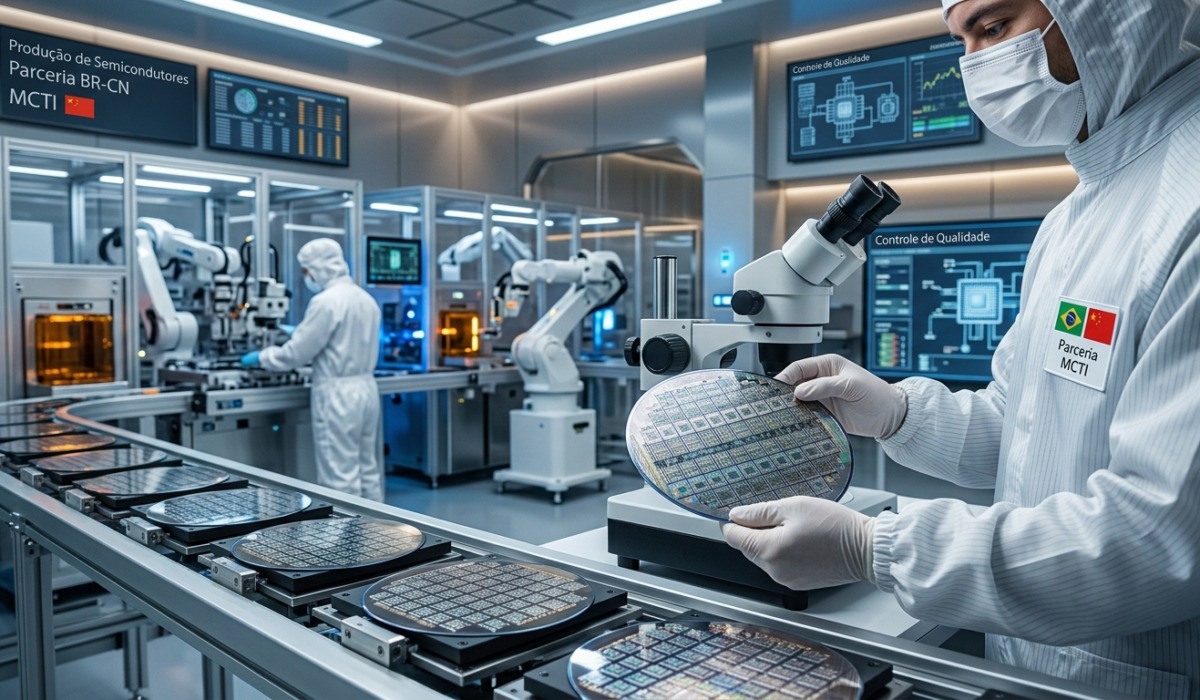 Crie uma imagem de capa editorial horizontal, moderna e sofisticada para um artigo sobre: Parceria Estratégica entre Brasil e China Acelera Produção Local de Semicondutores com Apoio do MCTI. Categoria: Pesquisa e Ciência. Contexto: Com apoio do MCTI, Ceitec e uma parceira chinesa planejam produzir semicondutores no Brasil. A cooperação pode fortalece. Termos-chave: brasil, china, unem, forcas, producao, semicondutores. Tom: inteligente e acessível. Portal de notícias sobre inteligência artificial e tecnologia. Estilo jornalístico, limpo, tecnológico e profissional. Sem texto embutido na imagem. Sem logos de marcas, sem rostos famosos identificáveis, sem elementos aleatórios fora do contexto. Interprete metaforas pelo contexto do artigo; nao represente termos figurados de forma literal. Aspecto 16:9. Alta qualidade editorial.