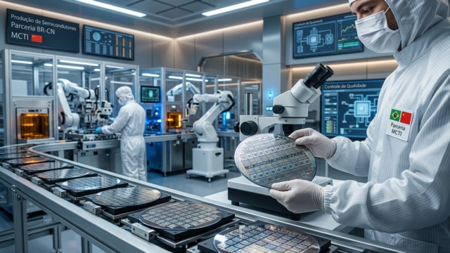 Crie uma imagem de capa editorial horizontal, moderna e sofisticada para um artigo sobre: Parceria Estratégica entre Brasil e China Acelera Produção Local de Semicondutores com Apoio do MCTI. Categoria: Pesquisa e Ciência. Contexto: Com apoio do MCTI, Ceitec e uma parceira chinesa planejam produzir semicondutores no Brasil. A cooperação pode fortalece. Termos-chave: brasil, china, unem, forcas, producao, semicondutores. Tom: inteligente e acessível. Portal de notícias sobre inteligência artificial e tecnologia. Estilo jornalístico, limpo, tecnológico e profissional. Sem texto embutido na imagem. Sem logos de marcas, sem rostos famosos identificáveis, sem elementos aleatórios fora do contexto. Interprete metaforas pelo contexto do artigo; nao represente termos figurados de forma literal. Aspecto 16:9. Alta qualidade editorial.
