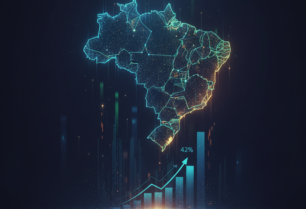 Crie uma imagem de capa editorial horizontal, moderna e sofisticada para um artigo sobre: Brasil Avança e Sobressai na Estratégia de Inteligência Artificial. Categoria: Notícias e Radar. Contexto: Relatório da Deloitte mostra que 42% das organizações brasileiras usam IA para mudanças estruturais, indicando que o Bra. Termos-chave: brasil, surpreende, adocao, estrategica, superando, media. Tom: inteligente e acessível. Portal de notícias sobre inteligência artificial e tecnologia. Estilo jornalístico, limpo, tecnológico e profissional. Sem texto embutido na imagem. Sem logos de marcas, sem rostos famosos identificáveis, sem elementos aleatórios fora do contexto. Aspecto 16:9. Alta qualidade editorial.