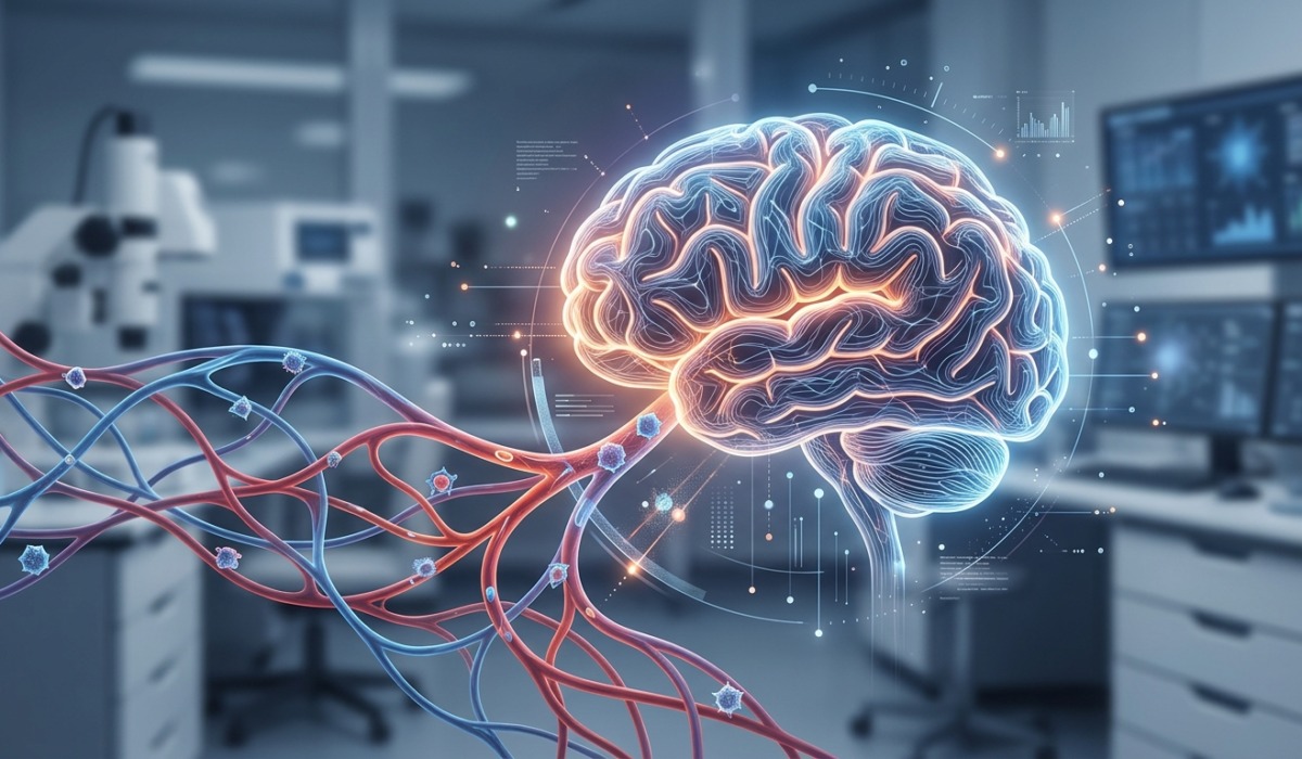 Crie uma imagem de capa editorial horizontal, moderna e sofisticada para um artigo sobre: Sangue e Memória: Como Células Imunológicas Podem Frear o Envelhecimento Cerebral. Categoria: Pesquisa e Ciência. Contexto: Pesquisadores descobriram que células imunológicas no sangue podem acelerar o envelhecimento cerebral sem entrar no cére. Termos-chave: descoberta, revolucionaria, celulas, imunologicas, sanguineas, podem. Tom: inteligente e acessivel. Portal de notícias sobre inteligência artificial e tecnologia. Estilo jornalístico, limpo, tecnológico e profissional. Sem texto embutido na imagem. Sem logos de marcas, sem rostos famosos identificáveis, sem elementos aleatórios fora do contexto. Interprete metaforas pelo contexto do artigo; nao represente termos figurados de forma literal. Aspecto 16:9. Alta qualidade editorial.