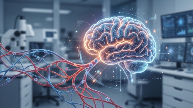 Crie uma imagem de capa editorial horizontal, moderna e sofisticada para um artigo sobre: Sangue e Memória: Como Células Imunológicas Podem Frear o Envelhecimento Cerebral. Categoria: Pesquisa e Ciência. Contexto: Pesquisadores descobriram que células imunológicas no sangue podem acelerar o envelhecimento cerebral sem entrar no cére. Termos-chave: descoberta, revolucionaria, celulas, imunologicas, sanguineas, podem. Tom: inteligente e acessivel. Portal de notícias sobre inteligência artificial e tecnologia. Estilo jornalístico, limpo, tecnológico e profissional. Sem texto embutido na imagem. Sem logos de marcas, sem rostos famosos identificáveis, sem elementos aleatórios fora do contexto. Interprete metaforas pelo contexto do artigo; nao represente termos figurados de forma literal. Aspecto 16:9. Alta qualidade editorial.