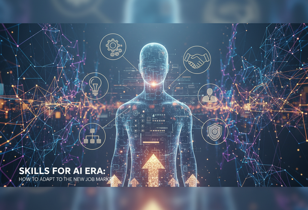Crie uma imagem de capa editorial horizontal, moderna e sofisticada para um artigo sobre: Competências para a Era da IA: como se adaptar ao novo mercado de trabalho. Categoria: IA no Trabalho. Contexto: A Inteligência Artificial está redesenhando funções e exigindo novas competências. Entenda quais habilidades serão essen. Termos-chave: futuro do trabalho, habilidades IA, transformação digital, mercado de trabalho IA, reskilling IA. Tom: inteligente e acessível. Portal de notícias sobre inteligência artificial e tecnologia. Estilo jornalístico, limpo, tecnológico e profissional. Sem texto embutido na imagem. Sem logos de marcas, sem rostos famosos identificáveis, sem elementos aleatórios fora do contexto. Aspecto 16:9. Alta qualidade editorial.