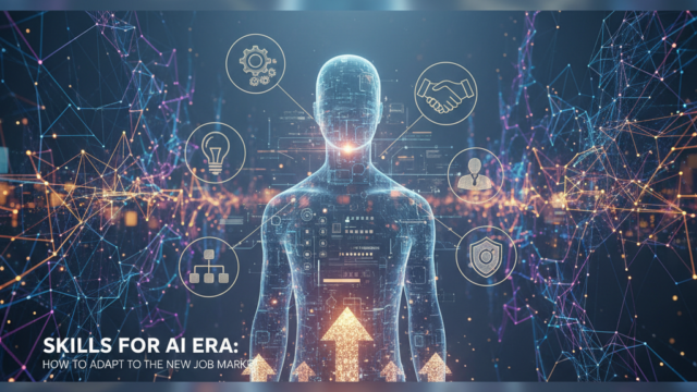 Crie uma imagem de capa editorial horizontal, moderna e sofisticada para um artigo sobre: Competências para a Era da IA: como se adaptar ao novo mercado de trabalho. Categoria: IA no Trabalho. Contexto: A Inteligência Artificial está redesenhando funções e exigindo novas competências. Entenda quais habilidades serão essen. Termos-chave: futuro do trabalho, habilidades IA, transformação digital, mercado de trabalho IA, reskilling IA. Tom: inteligente e acessível. Portal de notícias sobre inteligência artificial e tecnologia. Estilo jornalístico, limpo, tecnológico e profissional. Sem texto embutido na imagem. Sem logos de marcas, sem rostos famosos identificáveis, sem elementos aleatórios fora do contexto. Aspecto 16:9. Alta qualidade editorial.
