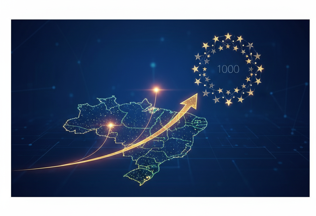 Crie uma imagem de capa editorial horizontal, moderna e sofisticada para um artigo sobre: Do Brasil para o Top 100: A Nova Onda das Startups de IA. Categoria: IA para Todos. Contexto: Duas startups brasileiras foram reconhecidas entre as 100 mais promissoras do mundo, sinalizando uma nova fase da IA foc. Termos-chave: startups, brasileiras, ganham, destaque, global, entre. Tom: inteligente e acessível. Portal de notícias sobre inteligência artificial e tecnologia. Estilo jornalístico, limpo, tecnológico e profissional. Sem texto embutido na imagem. Sem logos de marcas, sem rostos famosos identificáveis, sem elementos aleatórios fora do contexto. Aspecto 16:9. Alta qualidade editorial.