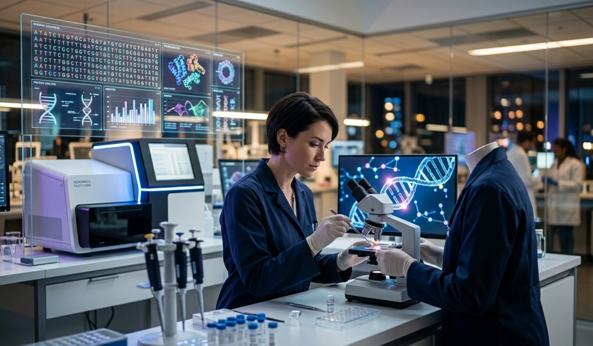 Crie uma imagem de capa editorial horizontal, moderna e sofisticada para um artigo sobre: Do DNA à Cura: A Revolução da Genética na Medicina. Categoria: Pesquisa e Ciência. Contexto: Como os avanços no sequenciamento, biotecnologia e edição genética estão transformando diagnósticos, tratamentos e preve. Termos-chave: genoma humano, medicina genômica, biotecnologia, edição genética, terapias genéticas. Tom: inteligente e acessível. Portal de notícias sobre inteligência artificial e tecnologia. Estilo jornalístico, limpo, tecnológico e profissional. Sem texto embutido na imagem. Sem logos de marcas, sem rostos famosos identificáveis, sem elementos aleatórios fora do contexto. Interprete metaforas pelo contexto do artigo; nao represente termos figurados de forma literal. Aspecto 16:9. Alta qualidade editorial.