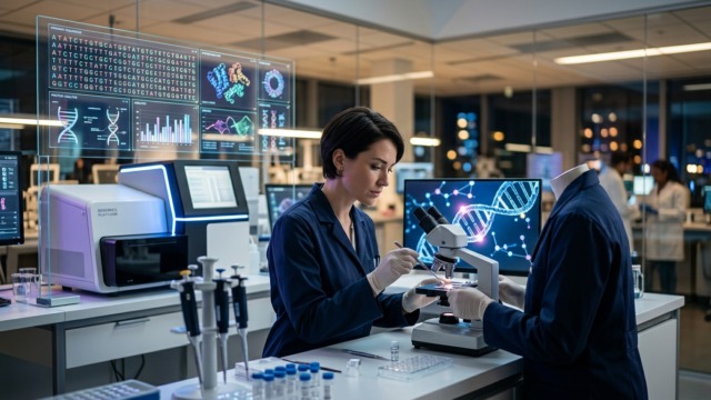 Crie uma imagem de capa editorial horizontal, moderna e sofisticada para um artigo sobre: Do DNA à Cura: A Revolução da Genética na Medicina. Categoria: Pesquisa e Ciência. Contexto: Como os avanços no sequenciamento, biotecnologia e edição genética estão transformando diagnósticos, tratamentos e preve. Termos-chave: genoma humano, medicina genômica, biotecnologia, edição genética, terapias genéticas. Tom: inteligente e acessível. Portal de notícias sobre inteligência artificial e tecnologia. Estilo jornalístico, limpo, tecnológico e profissional. Sem texto embutido na imagem. Sem logos de marcas, sem rostos famosos identificáveis, sem elementos aleatórios fora do contexto. Interprete metaforas pelo contexto do artigo; nao represente termos figurados de forma literal. Aspecto 16:9. Alta qualidade editorial.
