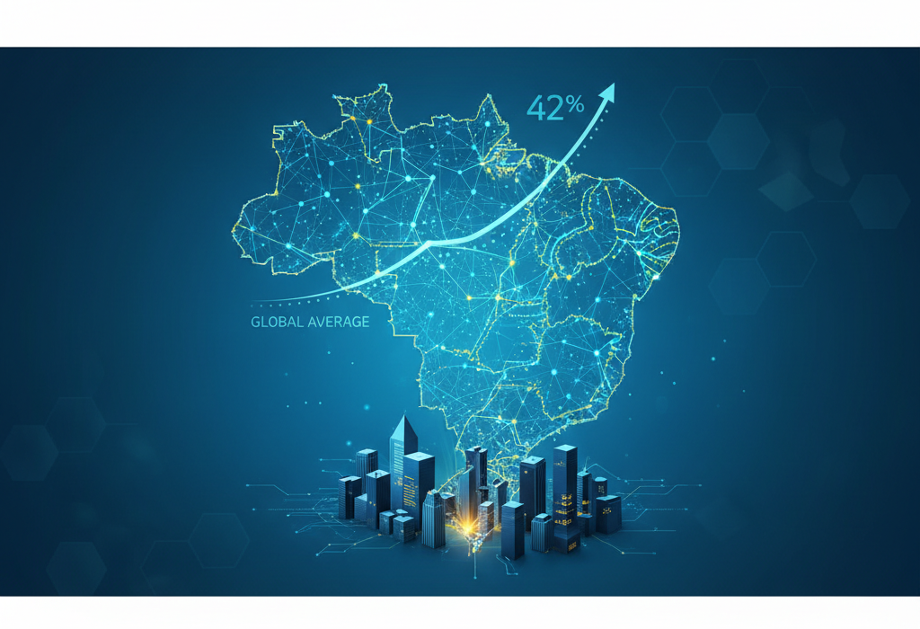 Crie uma imagem de capa editorial horizontal, moderna e sofisticada para um artigo sobre: Brasil Avança: Empresas Nacionais Lideram Adoção Estratégica de IA. Categoria: Notícias e Radar. Contexto: Relatório da Deloitte revela que 42% das organizações no Brasil usam IA para mudanças estruturais, superando a média glo. Termos-chave: empresas, brasileiras, superam, media, global, adocao. Tom: inteligente e acessível. Portal de notícias sobre inteligência artificial e tecnologia. Estilo jornalístico, limpo, tecnológico e profissional. Sem texto embutido na imagem. Sem logos de marcas, sem rostos famosos identificáveis, sem elementos aleatórios fora do contexto. Aspecto 16:9. Alta qualidade editorial.