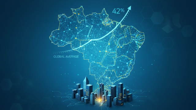 Crie uma imagem de capa editorial horizontal, moderna e sofisticada para um artigo sobre: Brasil Avança: Empresas Nacionais Lideram Adoção Estratégica de IA. Categoria: Notícias e Radar. Contexto: Relatório da Deloitte revela que 42% das organizações no Brasil usam IA para mudanças estruturais, superando a média glo. Termos-chave: empresas, brasileiras, superam, media, global, adocao. Tom: inteligente e acessível. Portal de notícias sobre inteligência artificial e tecnologia. Estilo jornalístico, limpo, tecnológico e profissional. Sem texto embutido na imagem. Sem logos de marcas, sem rostos famosos identificáveis, sem elementos aleatórios fora do contexto. Aspecto 16:9. Alta qualidade editorial.