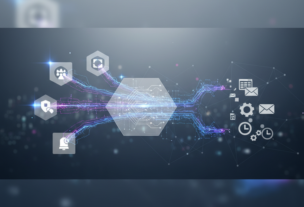 Crie uma imagem de capa editorial horizontal, moderna e sofisticada para um artigo sobre: 5 Ferramentas de IA para Automatizar Tarefas Repetitivas. Categoria: IA no Trabalho. Contexto: Descubra como cinco ferramentas de inteligência artificial podem eliminar as tarefas que consomem seu tempo sem agregar . Termos-chave: automação IA, ferramentas IA, tarefas repetitivas, otimização tempo, eficiência trabalho. Tom: inteligente e acessível. Portal de notícias sobre inteligência artificial e tecnologia. Estilo jornalístico, limpo, tecnológico e profissional. Sem texto embutido na imagem. Sem logos de marcas, sem rostos famosos identificáveis, sem elementos aleatórios fora do contexto. Aspecto 16:9. Alta qualidade editorial.