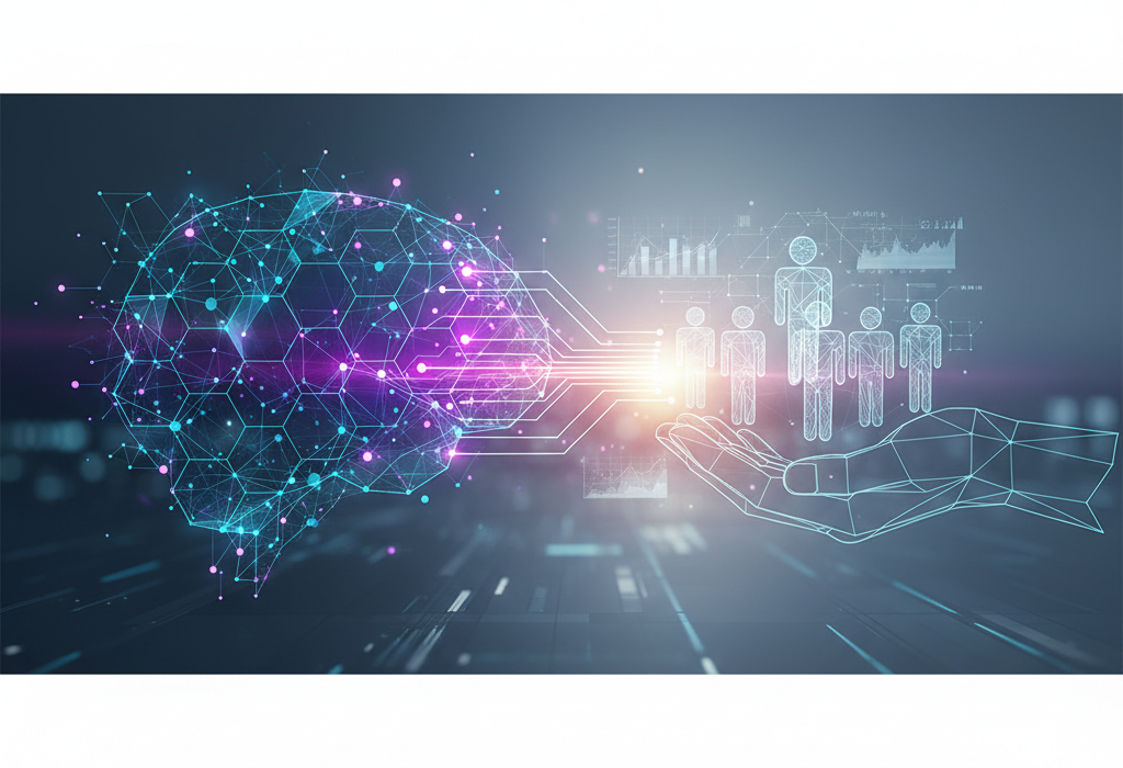 Crie uma imagem de capa editorial horizontal, moderna e sofisticada para um artigo sobre: IA na Liderança: Gerencie Equipes com Inteligência. Categoria: IA no Trabalho. Contexto: A inteligência artificial não veio para substituir gestores — veio para redefinir o que significa liderar. Descubra como. Termos-chave: liderança IA, gestão de equipes, IA e gestão, ferramentas para gestores, desenvolvimento de equipe. Tom: inteligente e acessível. Portal de notícias sobre inteligência artificial e tecnologia. Estilo jornalístico, limpo, tecnológico e profissional. Sem texto embutido na imagem. Sem logos de marcas, sem rostos famosos identificáveis, sem elementos aleatórios fora do contexto. Aspecto 16:9. Alta qualidade editorial.