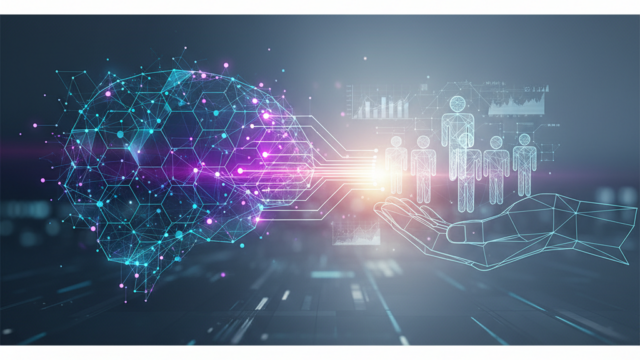 Crie uma imagem de capa editorial horizontal, moderna e sofisticada para um artigo sobre: IA na Liderança: Gerencie Equipes com Inteligência. Categoria: IA no Trabalho. Contexto: A inteligência artificial não veio para substituir gestores — veio para redefinir o que significa liderar. Descubra como. Termos-chave: liderança IA, gestão de equipes, IA e gestão, ferramentas para gestores, desenvolvimento de equipe. Tom: inteligente e acessível. Portal de notícias sobre inteligência artificial e tecnologia. Estilo jornalístico, limpo, tecnológico e profissional. Sem texto embutido na imagem. Sem logos de marcas, sem rostos famosos identificáveis, sem elementos aleatórios fora do contexto. Aspecto 16:9. Alta qualidade editorial.