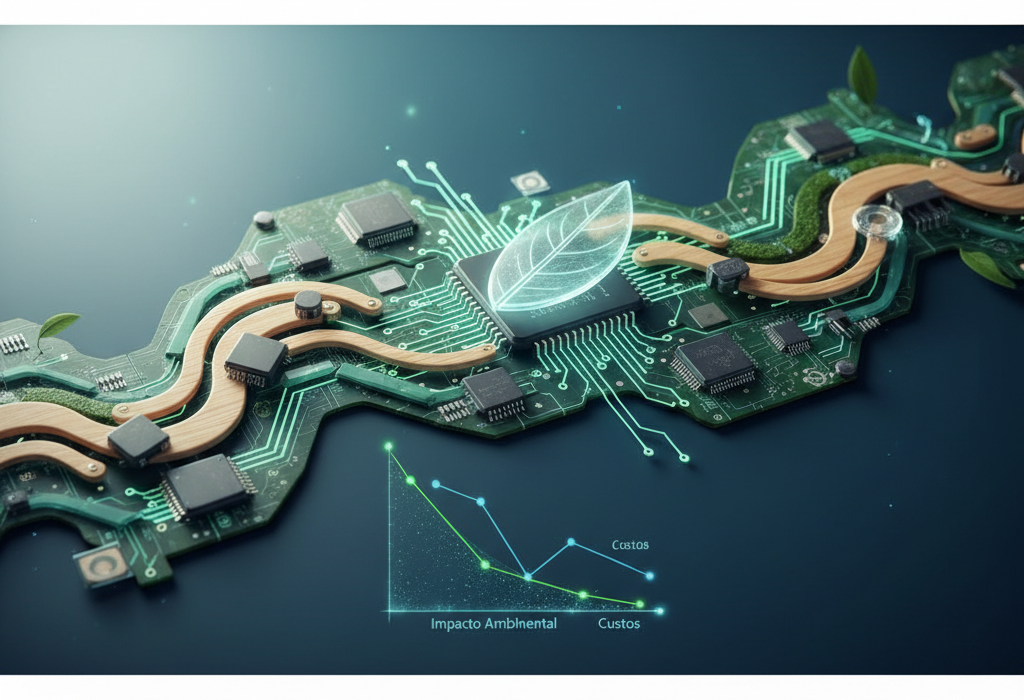Crie uma imagem de capa editorial horizontal, moderna e sofisticada para um artigo sobre: Hardware Sustentável em 2026: Inovações Verdes que Cortam Custos e Impacto Ambiental. Categoria: Hardware e Dispositivos. Contexto: Em 2026, inovações verdes em hardware estão reduzindo o impacto ambiental e os custos via design durável, materiais reci. Termos-chave: sustentabilidade, hardware, inovacoes, verdes, reduzem, impacto. Tom: inteligente e acessível. Portal de notícias sobre inteligência artificial e tecnologia. Estilo jornalístico, limpo, tecnológico e profissional. Sem texto embutido na imagem. Sem logos de marcas, sem rostos famosos identificáveis, sem elementos aleatórios fora do contexto. Aspecto 16:9. Alta qualidade editorial.