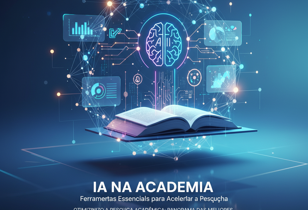 Crie uma imagem de capa editorial horizontal, moderna e sofisticada para um artigo sobre: IA na Academia: Ferramentas Essenciais para Acelerar a Pesquisa. Categoria: Ferramentas de IA. Contexto: Como a IA está otimizando a pesquisa academica: panorama das melhores ferramentas para revisão, análise de dados, escrit. Termos-chave: otimizando, pesquisa, academica, melhores, ferramentas, para. Tom: inteligente e acessível. Portal de notícias sobre inteligência artificial e tecnologia. Estilo jornalístico, limpo, tecnológico e profissional. Sem texto embutido na imagem. Sem logos de marcas, sem rostos famosos identificáveis, sem elementos aleatórios fora do contexto. Aspecto 16:9. Alta qualidade editorial.