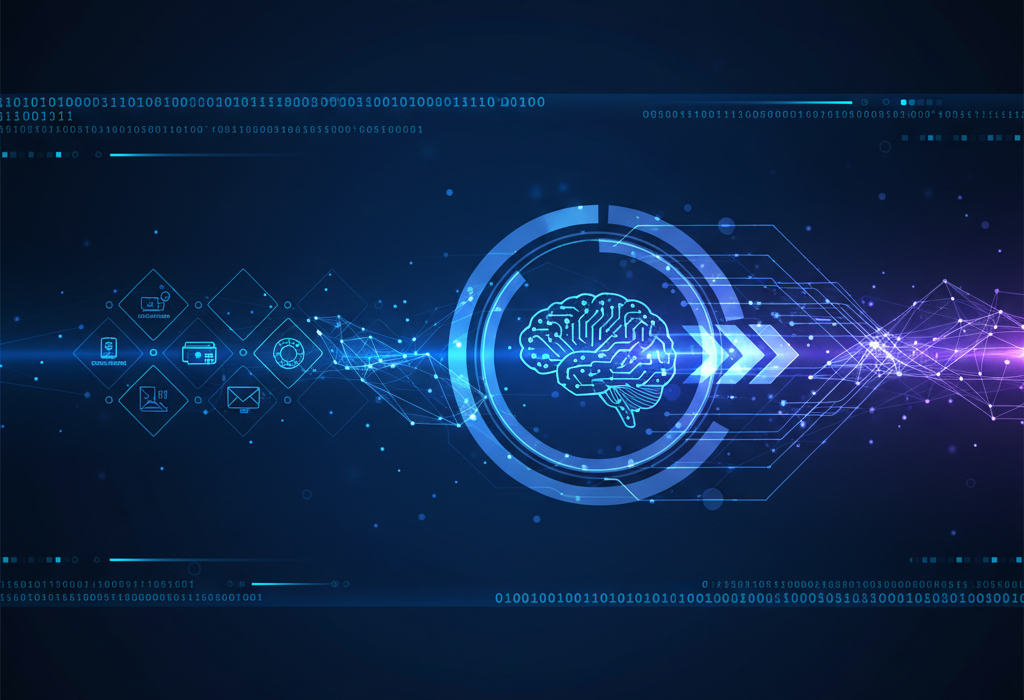 Crie uma imagem de capa editorial horizontal, moderna e sofisticada para um artigo sobre: Como a IA Está Transformando o Trabalho do Desenvolvedor: Ferramentas e Práticas para Acelerar o Ciclo de Software. Categoria: Ferramentas de IA. Contexto: Como usar ferramentas de IA para acelerar o ciclo de vida do software: assistentes de programação, geração de testes, an. Termos-chave: desenvolvimento de software, programação, teste de software, CI/CD, código. Tom: inteligente e acessível. Portal de notícias sobre inteligência artificial e tecnologia. Estilo jornalístico, limpo, tecnológico e profissional. Sem texto embutido na imagem. Sem logos de marcas, sem rostos famosos identificáveis, sem elementos aleatórios fora do contexto. Interprete metaforas pelo contexto do artigo; nao represente termos figurados de forma literal. Aspecto 16:9. Alta qualidade editorial.