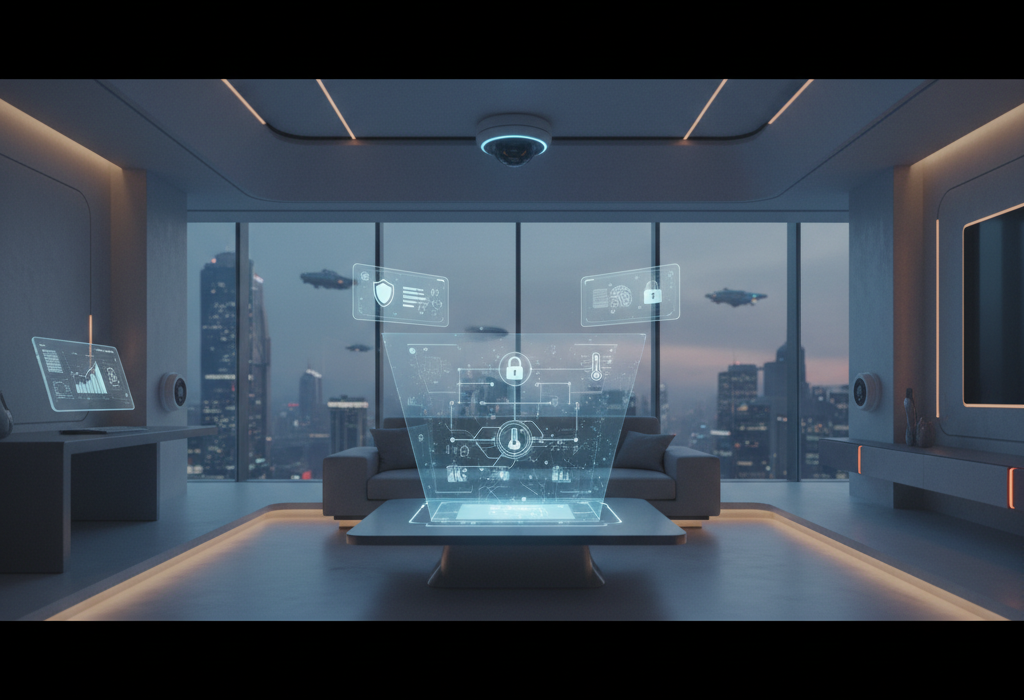 Crie uma imagem de capa editorial horizontal, moderna e sofisticada para um artigo sobre: Nova Geração de Casas Inteligentes: Como Dispositivos Conectados Transformam Conforto e Segurança em 2026. Categoria: Hardware e Dispositivos. Contexto: Em 2026, dispositivos conectados transformam a casa inteligente ao oferecer segurança proativa, integração entre equipam. Termos-chave: casa, inteligente, 2026, dispositivos, conectados, elevam. Tom: inteligente e acessível. Portal de notícias sobre inteligência artificial e tecnologia. Estilo jornalístico, limpo, tecnológico e profissional. Sem texto embutido na imagem. Sem logos de marcas, sem rostos famosos identificáveis, sem elementos aleatórios fora do contexto. Aspecto 16:9. Alta qualidade editorial.