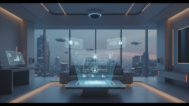 Crie uma imagem de capa editorial horizontal, moderna e sofisticada para um artigo sobre: Nova Geração de Casas Inteligentes: Como Dispositivos Conectados Transformam Conforto e Segurança em 2026. Categoria: Hardware e Dispositivos. Contexto: Em 2026, dispositivos conectados transformam a casa inteligente ao oferecer segurança proativa, integração entre equipam. Termos-chave: casa, inteligente, 2026, dispositivos, conectados, elevam. Tom: inteligente e acessível. Portal de notícias sobre inteligência artificial e tecnologia. Estilo jornalístico, limpo, tecnológico e profissional. Sem texto embutido na imagem. Sem logos de marcas, sem rostos famosos identificáveis, sem elementos aleatórios fora do contexto. Aspecto 16:9. Alta qualidade editorial.