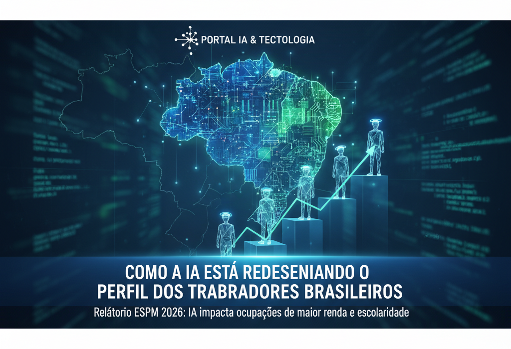 Crie uma imagem de capa editorial horizontal, moderna e sofisticada para um artigo sobre: Como a IA Está Redesenhando o Perfil dos Trabalhadores Brasileiros. Categoria: IA no Trabalho. Contexto: Relatório da ESPM 2026 revela que a IA está impactando principalmente ocupações de maior renda e escolaridade no mercado. Termos-chave: estudo, revela, padrao, impacto, mercado, trabalho. Tom: inteligente e acessível. Portal de notícias sobre inteligência artificial e tecnologia. Estilo jornalístico, limpo, tecnológico e profissional. Sem texto embutido na imagem. Sem logos de marcas, sem rostos famosos identificáveis, sem elementos aleatórios fora do contexto. Aspecto 16:9. Alta qualidade editorial.