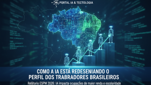 Crie uma imagem de capa editorial horizontal, moderna e sofisticada para um artigo sobre: Como a IA Está Redesenhando o Perfil dos Trabalhadores Brasileiros. Categoria: IA no Trabalho. Contexto: Relatório da ESPM 2026 revela que a IA está impactando principalmente ocupações de maior renda e escolaridade no mercado. Termos-chave: estudo, revela, padrao, impacto, mercado, trabalho. Tom: inteligente e acessível. Portal de notícias sobre inteligência artificial e tecnologia. Estilo jornalístico, limpo, tecnológico e profissional. Sem texto embutido na imagem. Sem logos de marcas, sem rostos famosos identificáveis, sem elementos aleatórios fora do contexto. Aspecto 16:9. Alta qualidade editorial.