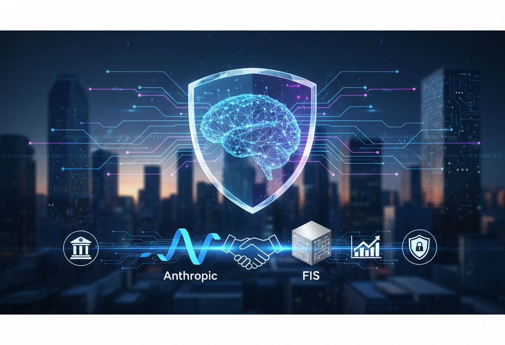 Crie uma imagem de capa editorial horizontal, moderna e sofisticada para um artigo sobre: Parceria Anthropic-FIS: IA sob Medida para Reforçar Segurança e Operações Financeiras. Categoria: Ferramentas de IA. Contexto: A parceria entre Anthropic e FIS lança novas ferramentas de IA para bancos, gestoras e seguradoras, voltadas à detecção . Termos-chave: anthropic, unem, forcas, novas, ferramentas, chegam. Tom: inteligente e acessível. Portal de notícias sobre inteligência artificial e tecnologia. Estilo jornalístico, limpo, tecnológico e profissional. Sem texto embutido na imagem. Sem logos de marcas, sem rostos famosos identificáveis, sem elementos aleatórios fora do contexto. Aspecto 16:9. Alta qualidade editorial.