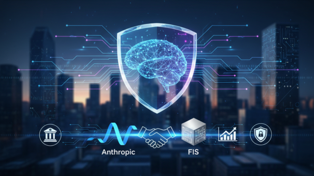 Crie uma imagem de capa editorial horizontal, moderna e sofisticada para um artigo sobre: Parceria Anthropic-FIS: IA sob Medida para Reforçar Segurança e Operações Financeiras. Categoria: Ferramentas de IA. Contexto: A parceria entre Anthropic e FIS lança novas ferramentas de IA para bancos, gestoras e seguradoras, voltadas à detecção . Termos-chave: anthropic, unem, forcas, novas, ferramentas, chegam. Tom: inteligente e acessível. Portal de notícias sobre inteligência artificial e tecnologia. Estilo jornalístico, limpo, tecnológico e profissional. Sem texto embutido na imagem. Sem logos de marcas, sem rostos famosos identificáveis, sem elementos aleatórios fora do contexto. Aspecto 16:9. Alta qualidade editorial.