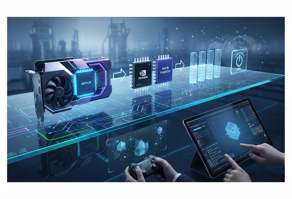 Crie uma imagem de capa editorial horizontal, moderna e sofisticada para um artigo sobre: Placa de Vídeo Ideal: Guia Prático para Gamers e Profissionais de Workstation. Categoria: Hardware e Dispositivos. Contexto: Guia prático para escolher a placa de vídeo ideal — entenda GPU, Nvidia vs AMD Radeon, VRAM, consumo e exemplos para jog. Termos-chave: placa de vídeo, GPU, Nvidia, AMD Radeon, jogos, workstation. Tom: inteligente e acessível. Portal de notícias sobre inteligência artificial e tecnologia. Estilo jornalístico, limpo, tecnológico e profissional. Sem texto embutido na imagem. Sem logos de marcas, sem rostos famosos identificáveis, sem elementos aleatórios fora do contexto. Aspecto 16:9. Alta qualidade editorial.