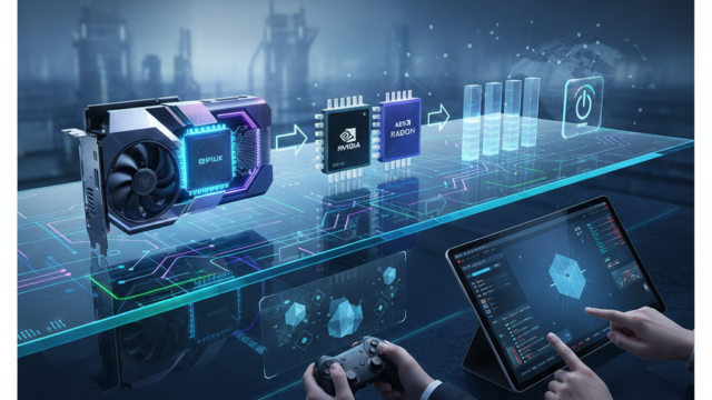 Crie uma imagem de capa editorial horizontal, moderna e sofisticada para um artigo sobre: Placa de Vídeo Ideal: Guia Prático para Gamers e Profissionais de Workstation. Categoria: Hardware e Dispositivos. Contexto: Guia prático para escolher a placa de vídeo ideal — entenda GPU, Nvidia vs AMD Radeon, VRAM, consumo e exemplos para jog. Termos-chave: placa de vídeo, GPU, Nvidia, AMD Radeon, jogos, workstation. Tom: inteligente e acessível. Portal de notícias sobre inteligência artificial e tecnologia. Estilo jornalístico, limpo, tecnológico e profissional. Sem texto embutido na imagem. Sem logos de marcas, sem rostos famosos identificáveis, sem elementos aleatórios fora do contexto. Aspecto 16:9. Alta qualidade editorial.