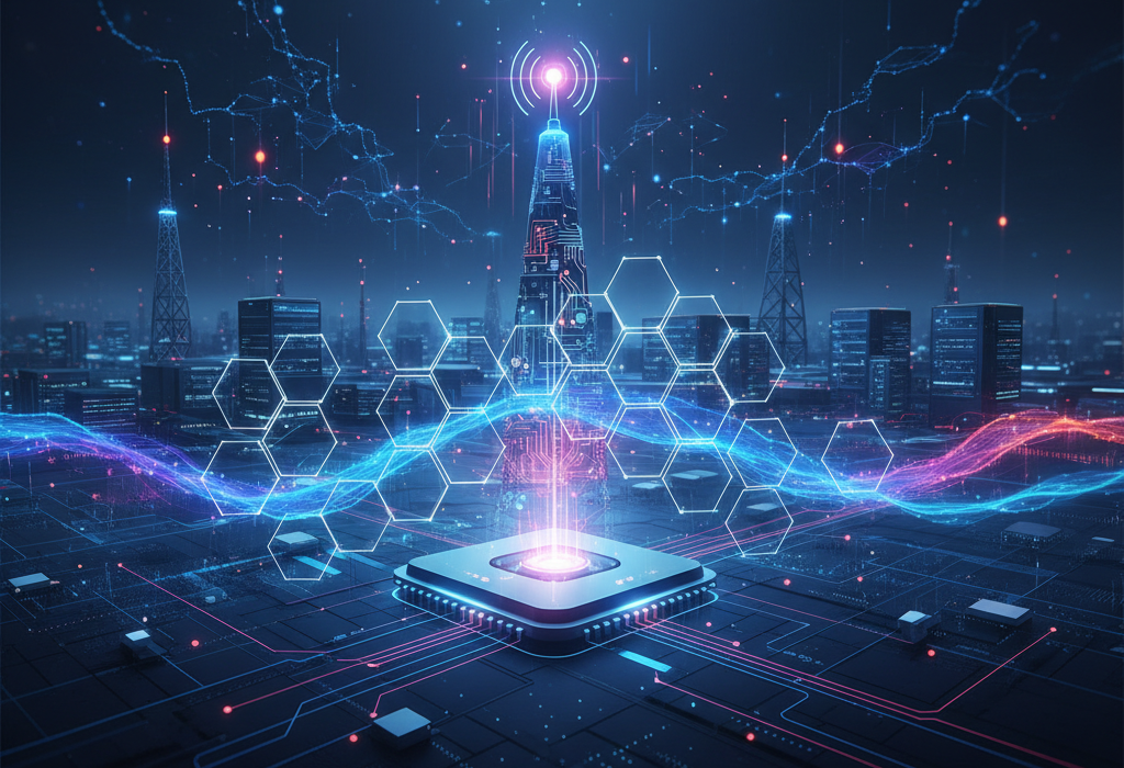 Crie uma imagem de capa editorial horizontal, moderna e sofisticada para um artigo sobre: Validação histórica: Power Class 1 leva 5G FWA a novos patamares em vRAN. Categoria: Hardware e Dispositivos. Contexto: Samsung e Qualcomm validam Power Class 1 para 5G FWA em vRAN, abrindo caminho para maior cobertura, flexibilidade operac. Termos-chave: Network Solutions, Press Release, 5G, 5G vRAN, Power Class 1, vRAN. Tom: inteligente e acessível. Portal de notícias sobre inteligência artificial e tecnologia. Estilo jornalístico, limpo, tecnológico e profissional. Sem texto embutido na imagem. Sem logos de marcas, sem rostos famosos identificáveis, sem elementos aleatórios fora do contexto. Aspecto 16:9. Alta qualidade editorial.
