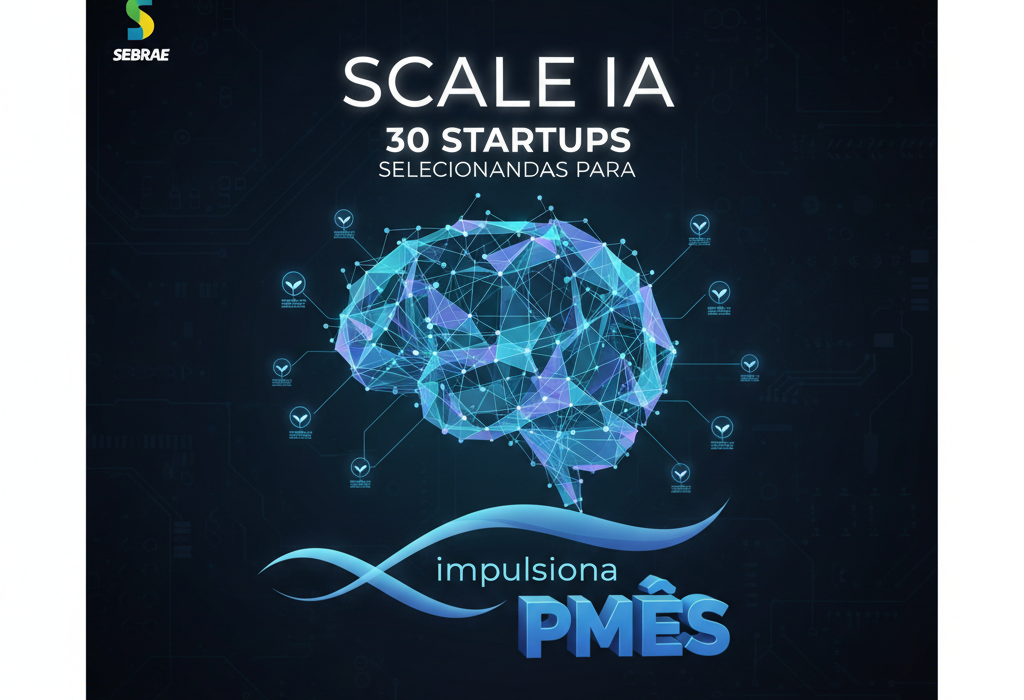 Crie uma imagem de capa editorial horizontal, moderna e sofisticada para um artigo sobre: Scale IA: 30 Startups Selecionadas para Democratizar a Inteligência Artificial nas PMEs. Categoria: Mercado e Negócios. Contexto: O Sebrae lançou o Scale IA e escolheu 30 startups selecionadas para levar soluções de inteligência artificial a PMEs. A . Termos-chave: sebrae, impulsiona, pmes, startups, selecionadas, para. Tom: inteligente e acessível. Portal de notícias sobre inteligência artificial e tecnologia. Estilo jornalístico, limpo, tecnológico e profissional. Sem texto embutido na imagem. Sem logos de marcas, sem rostos famosos identificáveis, sem elementos aleatórios fora do contexto. Aspecto 16:9. Alta qualidade editorial.