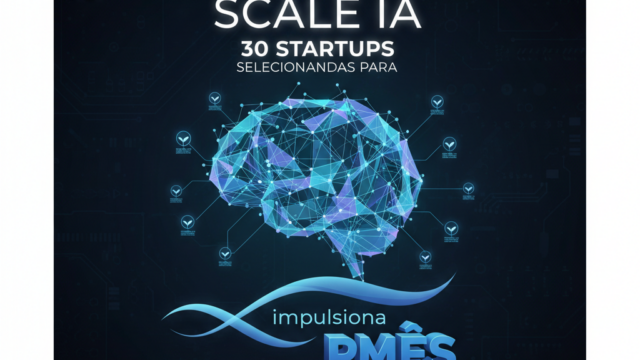 Crie uma imagem de capa editorial horizontal, moderna e sofisticada para um artigo sobre: Scale IA: 30 Startups Selecionadas para Democratizar a Inteligência Artificial nas PMEs. Categoria: Mercado e Negócios. Contexto: O Sebrae lançou o Scale IA e escolheu 30 startups selecionadas para levar soluções de inteligência artificial a PMEs. A . Termos-chave: sebrae, impulsiona, pmes, startups, selecionadas, para. Tom: inteligente e acessível. Portal de notícias sobre inteligência artificial e tecnologia. Estilo jornalístico, limpo, tecnológico e profissional. Sem texto embutido na imagem. Sem logos de marcas, sem rostos famosos identificáveis, sem elementos aleatórios fora do contexto. Aspecto 16:9. Alta qualidade editorial.