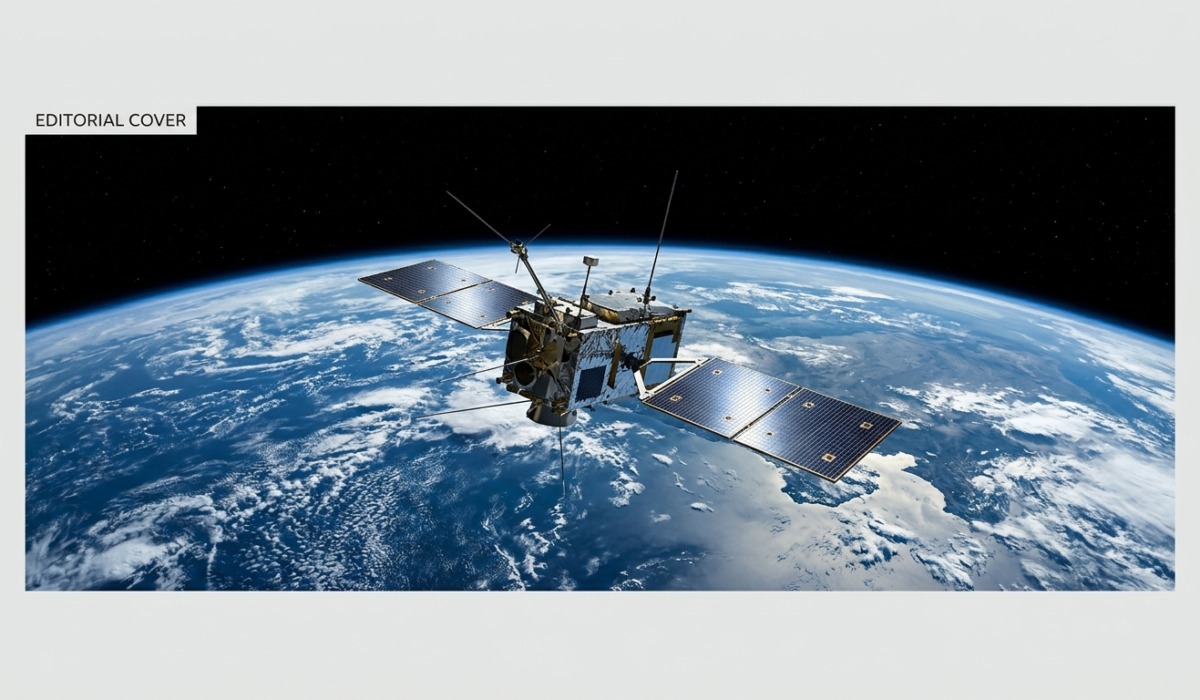Crie uma imagem de capa editorial horizontal, moderna e sofisticada para um artigo sobre: Três Décadas do SCD‑1: Como o Primeiro Satélite Nacional Consolida o Legado Espacial Brasileiro. Categoria: Pesquisa e Ciência. Contexto: SCD‑1, o primeiro satélite nacional, opera há mais de três décadas e simboliza o legado espacial brasileiro: gerou dados. Termos-chave: legado, espacial, brasileiro, primeiro, satelite, nacional. Tom: inteligente e acessível. Portal de notícias sobre inteligência artificial e tecnologia. Estilo jornalístico, limpo, tecnológico e profissional. Sem texto embutido na imagem. Sem logos de marcas, sem rostos famosos identificáveis, sem elementos aleatórios fora do contexto. Interprete metaforas pelo contexto do artigo; nao represente termos figurados de forma literal. Aspecto 16:9. Alta qualidade editorial.