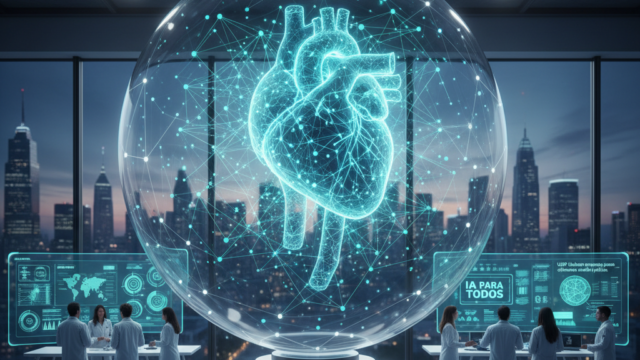 Crie uma imagem de capa editorial horizontal, moderna e sofisticada para um artigo sobre: USP Cria Centro de IA para Transformar a Gestão da Saúde Pública. Categoria: IA para Todos. Contexto: Novo centro de IA na USP reúne 160 especialistas para desenvolver soluções que otimizem a gestão e o acesso na saúde púb. Termos-chave: lidera, pesquisa, para, otimizar, saude, publica. Tom: inteligente e acessível. Portal de notícias sobre inteligência artificial e tecnologia. Estilo jornalístico, limpo, tecnológico e profissional. Sem texto embutido na imagem. Sem logos de marcas, sem rostos famosos identificáveis, sem elementos aleatórios fora do contexto. Aspecto 16:9. Alta qualidade editorial.