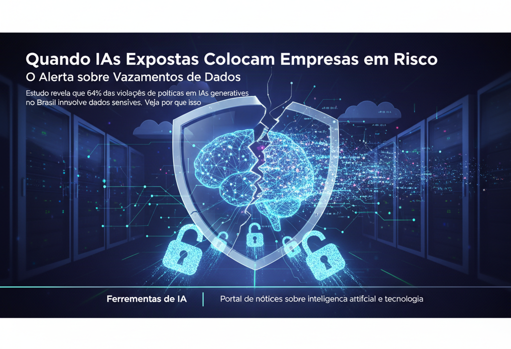 Crie uma imagem de capa editorial horizontal, moderna e sofisticada para um artigo sobre: Quando IAs Expostas Colocam Empresas em Risco: O Alerta sobre Vazamentos de Dados. Categoria: Ferramentas de IA. Contexto: Estudo revela que 64% das violações de políticas em IAs generativas no Brasil envolvem dados sensíveis. Veja por que iss. Termos-chave: vazamento, dados, sensiveis, generativas, alerta, para. Tom: inteligente e acessível. Portal de notícias sobre inteligência artificial e tecnologia. Estilo jornalístico, limpo, tecnológico e profissional. Sem texto embutido na imagem. Sem logos de marcas, sem rostos famosos identificáveis, sem elementos aleatórios fora do contexto. Interprete metaforas pelo contexto do artigo; nao represente termos figurados de forma literal. Aspecto 16:9. Alta qualidade editorial.