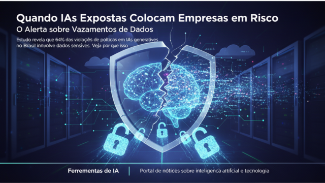 Crie uma imagem de capa editorial horizontal, moderna e sofisticada para um artigo sobre: Quando IAs Expostas Colocam Empresas em Risco: O Alerta sobre Vazamentos de Dados. Categoria: Ferramentas de IA. Contexto: Estudo revela que 64% das violações de políticas em IAs generativas no Brasil envolvem dados sensíveis. Veja por que iss. Termos-chave: vazamento, dados, sensiveis, generativas, alerta, para. Tom: inteligente e acessível. Portal de notícias sobre inteligência artificial e tecnologia. Estilo jornalístico, limpo, tecnológico e profissional. Sem texto embutido na imagem. Sem logos de marcas, sem rostos famosos identificáveis, sem elementos aleatórios fora do contexto. Interprete metaforas pelo contexto do artigo; nao represente termos figurados de forma literal. Aspecto 16:9. Alta qualidade editorial.