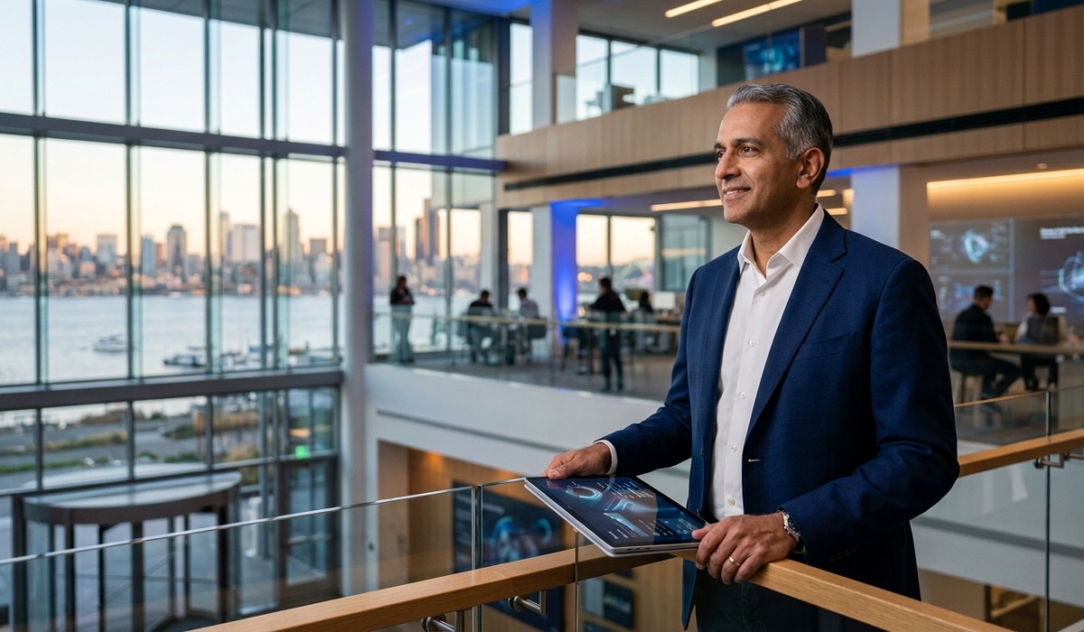Crie uma imagem de capa editorial horizontal, moderna e sofisticada para um artigo sobre: A última temporada de Yusuf Mehdi: o adeus planejado de uma referência da Microsoft. Categoria: Mercado e Negócios. Contexto: Yusuf Mehdi, veterano de 35 anos na Microsoft, anunciou um "último ano" antes de deixar a empresa. Sua saída simboliza u. Termos-chave: Microsoft, Bing, Internet Explorer, Microsoft 365, Microsoft Copilot, Panos Panay. Tom: inteligente e acessível. Portal de notícias sobre inteligência artificial e tecnologia. Estilo jornalístico, limpo, tecnológico e profissional. Sem texto embutido na imagem. Sem logos de marcas, sem rostos famosos identificáveis, sem elementos aleatórios fora do contexto. Interprete metaforas pelo contexto do artigo; nao represente termos figurados de forma literal. Aspecto 16:9. Alta qualidade editorial.