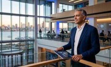 Crie uma imagem de capa editorial horizontal, moderna e sofisticada para um artigo sobre: A última temporada de Yusuf Mehdi: o adeus planejado de uma referência da Microsoft. Categoria: Mercado e Negócios. Contexto: Yusuf Mehdi, veterano de 35 anos na Microsoft, anunciou um "último ano" antes de deixar a empresa. Sua saída simboliza u. Termos-chave: Microsoft, Bing, Internet Explorer, Microsoft 365, Microsoft Copilot, Panos Panay. Tom: inteligente e acessível. Portal de notícias sobre inteligência artificial e tecnologia. Estilo jornalístico, limpo, tecnológico e profissional. Sem texto embutido na imagem. Sem logos de marcas, sem rostos famosos identificáveis, sem elementos aleatórios fora do contexto. Interprete metaforas pelo contexto do artigo; nao represente termos figurados de forma literal. Aspecto 16:9. Alta qualidade editorial.