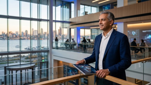 Crie uma imagem de capa editorial horizontal, moderna e sofisticada para um artigo sobre: A última temporada de Yusuf Mehdi: o adeus planejado de uma referência da Microsoft. Categoria: Mercado e Negócios. Contexto: Yusuf Mehdi, veterano de 35 anos na Microsoft, anunciou um "último ano" antes de deixar a empresa. Sua saída simboliza u. Termos-chave: Microsoft, Bing, Internet Explorer, Microsoft 365, Microsoft Copilot, Panos Panay. Tom: inteligente e acessível. Portal de notícias sobre inteligência artificial e tecnologia. Estilo jornalístico, limpo, tecnológico e profissional. Sem texto embutido na imagem. Sem logos de marcas, sem rostos famosos identificáveis, sem elementos aleatórios fora do contexto. Interprete metaforas pelo contexto do artigo; nao represente termos figurados de forma literal. Aspecto 16:9. Alta qualidade editorial.