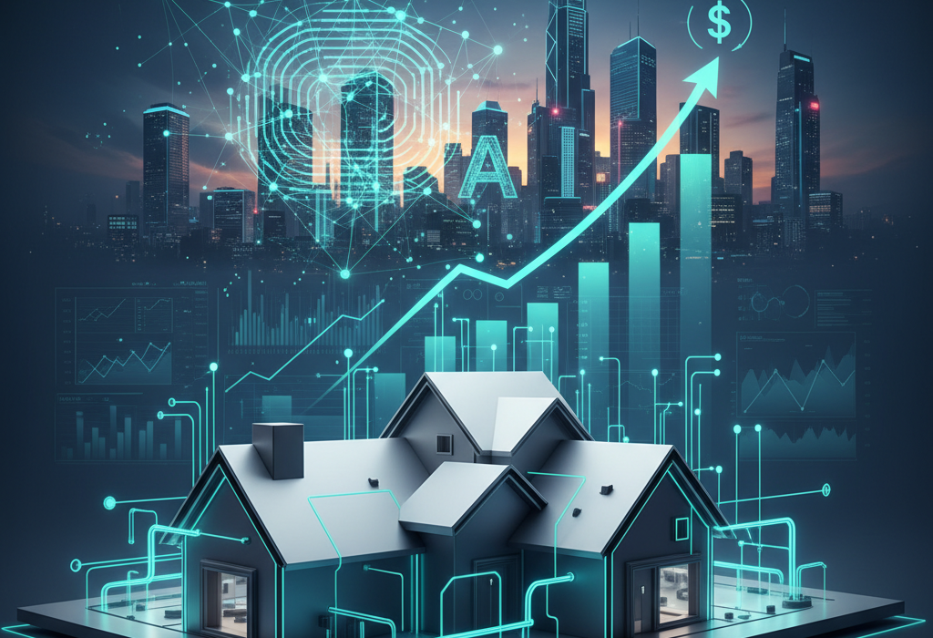 Crie uma imagem de capa editorial horizontal, moderna e sofisticada para um artigo sobre: Zillow acelera sua transformação com IA enquanto receita sobe 18% em mercado imobiliário estagnado. Categoria: Mercado e Negócios. Contexto: Zillow reportou receita de $708 milhões no 1º trimestre, crescendo 18% em um mercado imobiliário estagnado, e apresenta . Termos-chave: Artificial Intelligence, Real Estate, AI, artificial intelligence, ChatGPT, Compass. Tom: inteligente e acessível. Portal de notícias sobre inteligência artificial e tecnologia. Estilo jornalístico, limpo, tecnológico e profissional. Sem texto embutido na imagem. Sem logos de marcas, sem rostos famosos identificáveis, sem elementos aleatórios fora do contexto. Aspecto 16:9. Alta qualidade editorial.